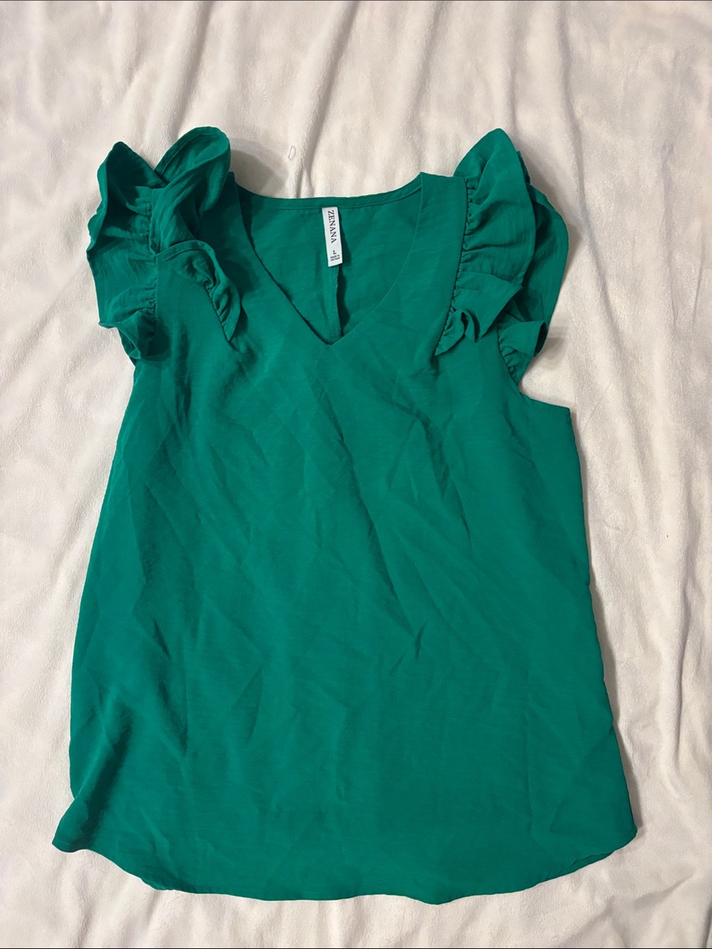 Zenana Outfitters Emerald Green Ruffle Sleeve V-Neck Work Top